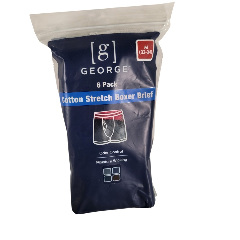 GEORGE 6 pack Mens Cotton Stretch Regular Leg Boxer Brief Medium‎ (32-34)